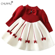 Baby Girl Sweater Dress 1-6 Years Autumn Warm Girl O-neck Bow Knitted Sweater Dress Puff Sleeve Royal Court Dress