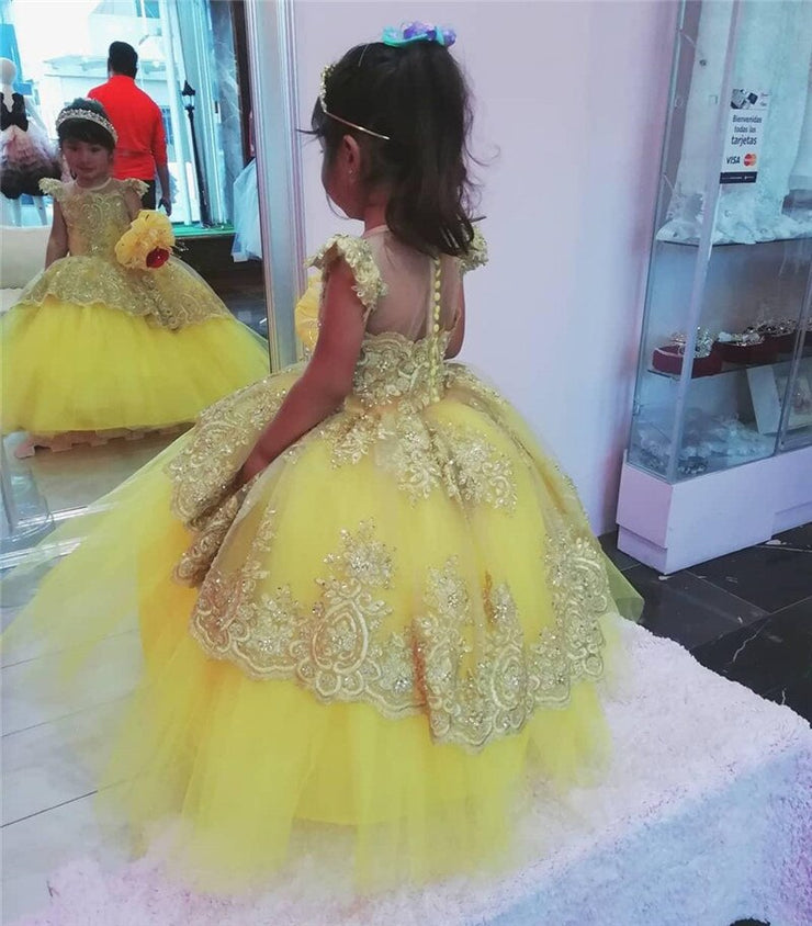 Cute Puffy Gown Infant Girls Dresses Toddler First Birthday Dress Applique Lace Crystals Flower Girl Dress Kids Clothes