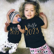 Funny Hello 2023 Family Matching Outfits Mother Father and Daughter Son Tshirt Baby Romper Family Look New Year&#39;s Clothes