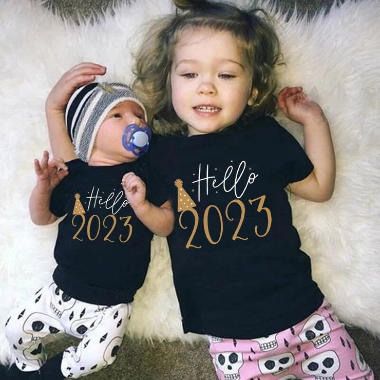 Funny Hello 2023 Family Matching Outfits Mother Father and Daughter Son Tshirt Baby Romper Family Look New Year&