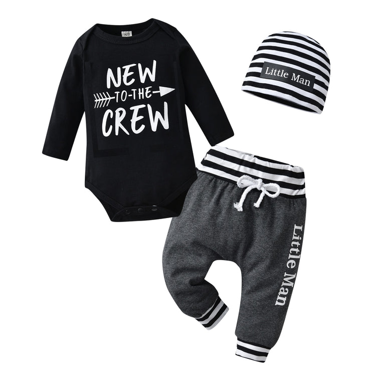 Baby Boy 3Pcs Clothes Set Spring Autumn Knitted V-neck Romper+infant Pants+Cap Newborn Outfit