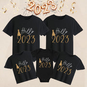 Funny Hello 2023 Family Matching Outfits Mother Father and Daughter Son Tshirt Baby Romper Family Look New Year&#39;s Clothes