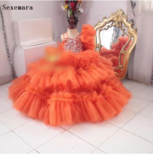 Baby Girl Dress for Birthday Lace Handmade Flowers Puffy Kids Clothes Children Party Gown Big Bow