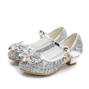 Girls Princess Leather Shoes For Girls Flower Casual Glitter Children High Heel Girls Shoes Butterfly Knot Blue Pink Silver