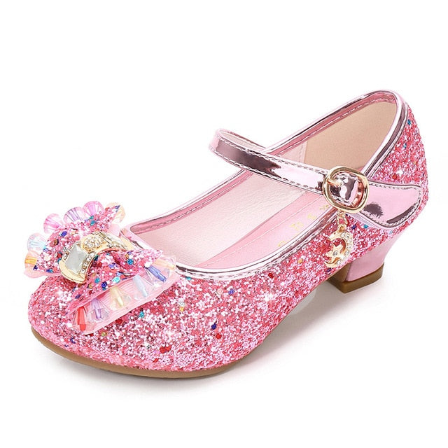 Girls Princess Leather Shoes For Girls Flower Casual Glitter Children High Heel Girls Shoes Butterfly Knot Blue Pink Silver