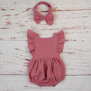 Organic Cotton Baby Girl Clothes Summer New Double Gauze Kids Ruffle Romper Jumpsuit Headband Dusty Pink Playsuit For Newborn 3M