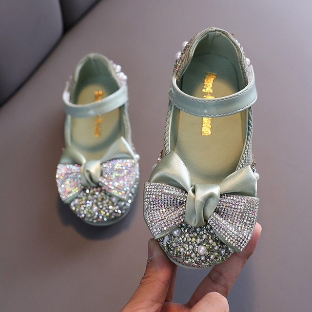Children Leather Shoes Rhinestone Bow Princess Girls Party Kids Performance Shoes