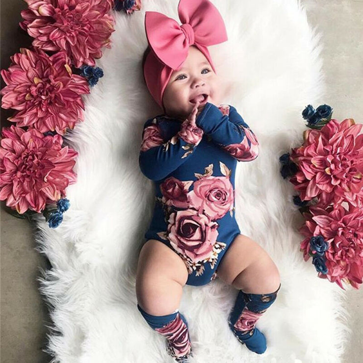 Newborn Baby Long Sleeve Romper Large Floral Jumpsuit Girl Warm Leg Socks Outfit 0-24M Baby Clothing