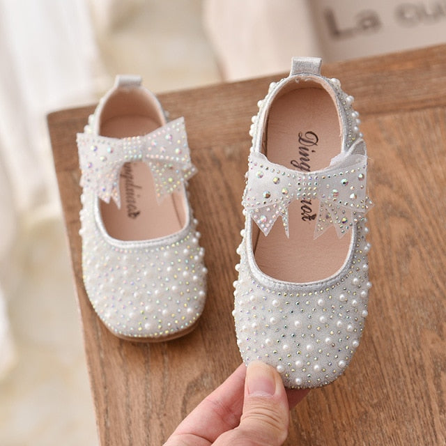 New Girls Single Princess Shoes Pearl Shallow Children Flat Shoes Baby/Kids Bowknot Shoes.