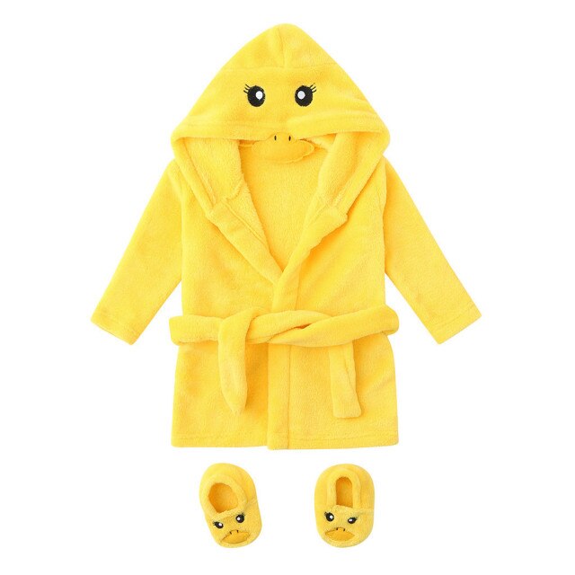 Newborn Baby Layette Boys /Girls Baby Pajamas Cartoon Yellow Duck Style Flannel Bathrobes Hoodie Sleepwear Footwear